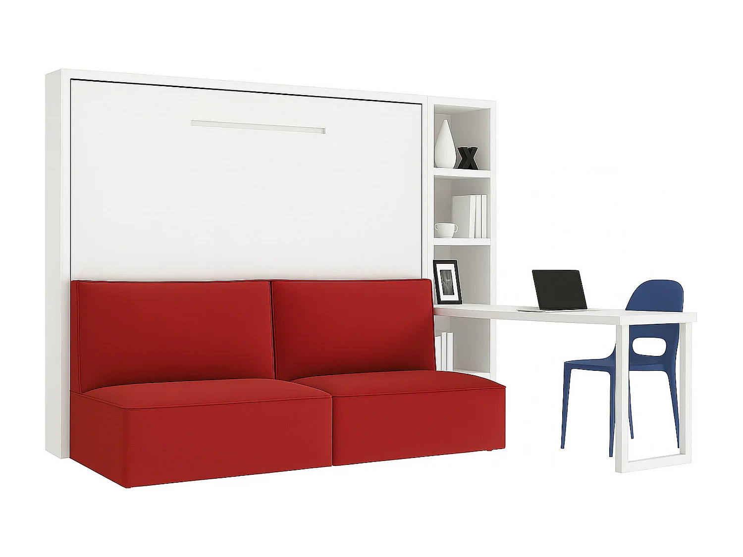 Lit escamotable horizontal LOGIA-140x190-Canapé Rouge-Structure Blanche-Version lit+canapé+étagère+bureau