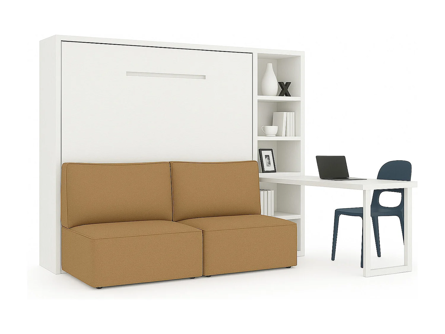 Cama abatible horizontal con banqueta LOGIA-120x200 cm-Sofá Marrón-Estructura y fachada Roble blanco-Versión cama+sofá+estantería+escritorio