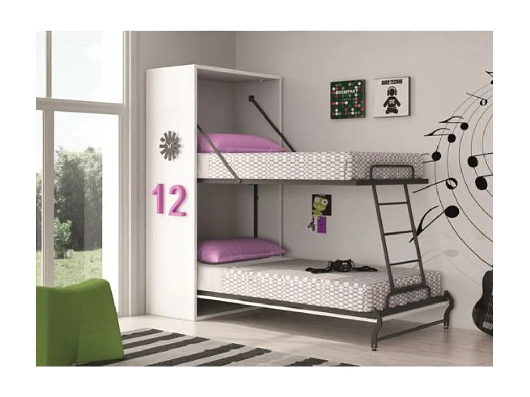 Lit superposé escamotable 2 couchages 90x190 Verkali-2 matelas-Façade Blanche