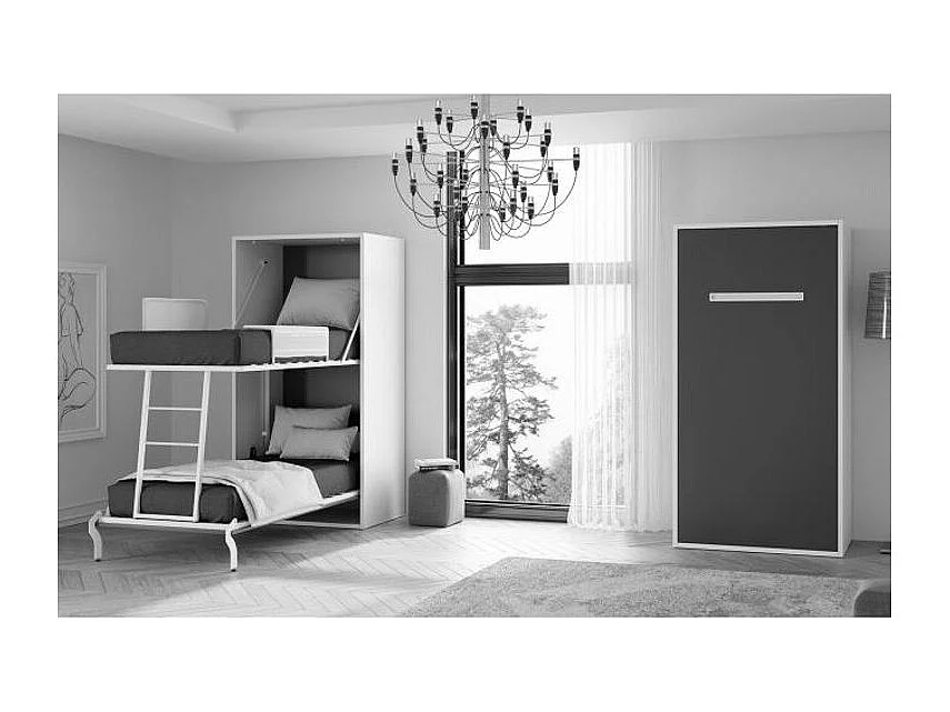 Lit superposé escamotable 2 couchages 90x190 Verkali-2 matelas-Façade Blanche