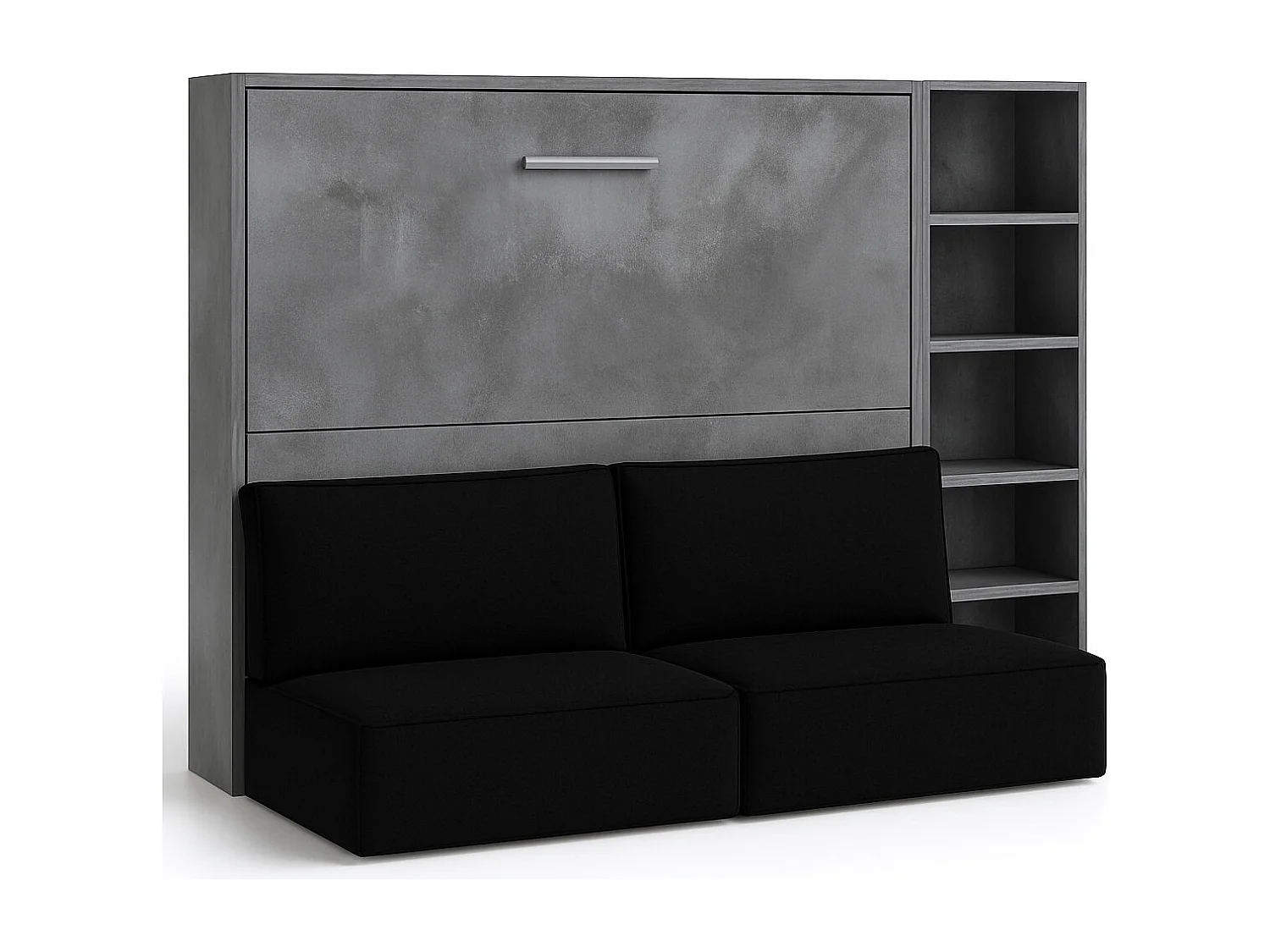 Lit escamotable horizontal LOGIA-140x190-Canapé Noir-Structure Gris ciment-Version lit+canapé+étagère