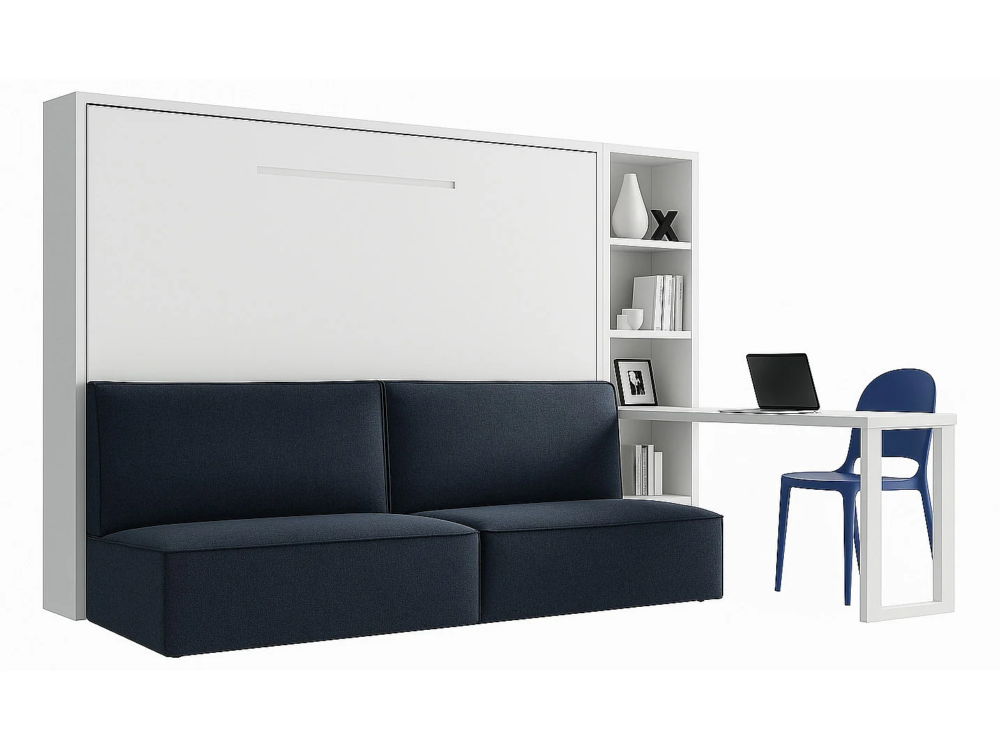 Lit escamotable horizontal LOGIA-160x200-Canapé Bleu marine-Structure Chêne blanc-Version lit+canapé+étagère+bureau