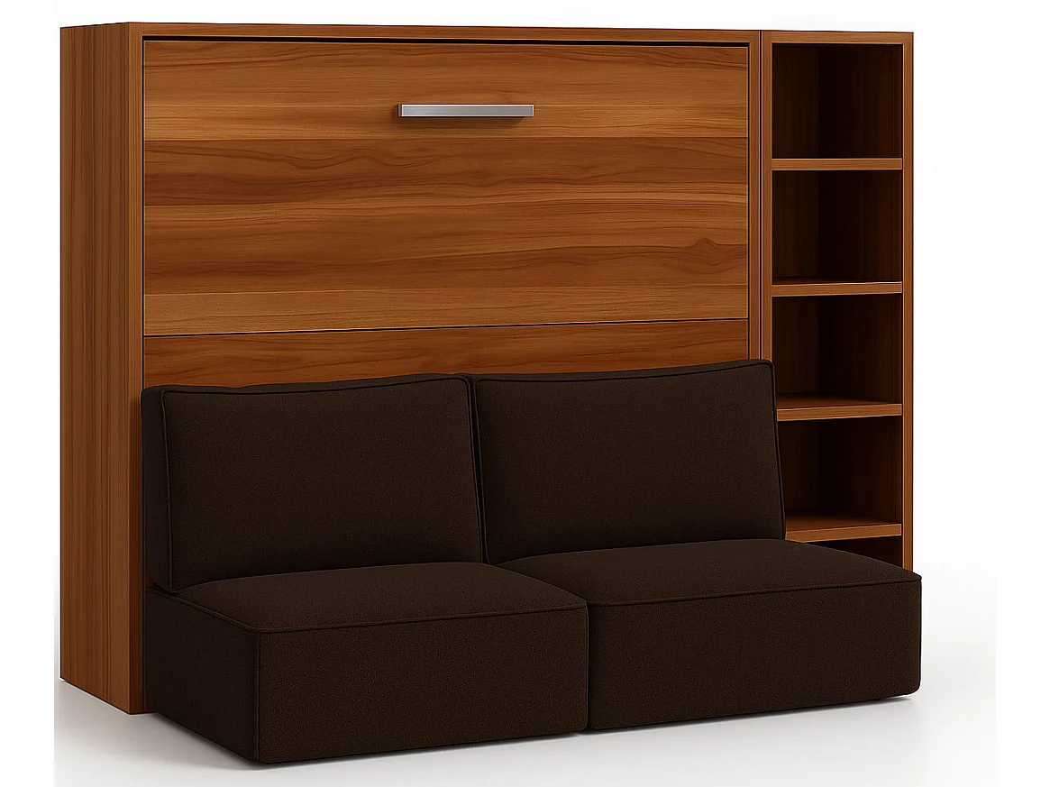 Horizontaal opklapbed met bank LOGIA-120x200cm-Bank Donker bruin-Structuur en gevel Okkernoot-Versie bed+bank+plank