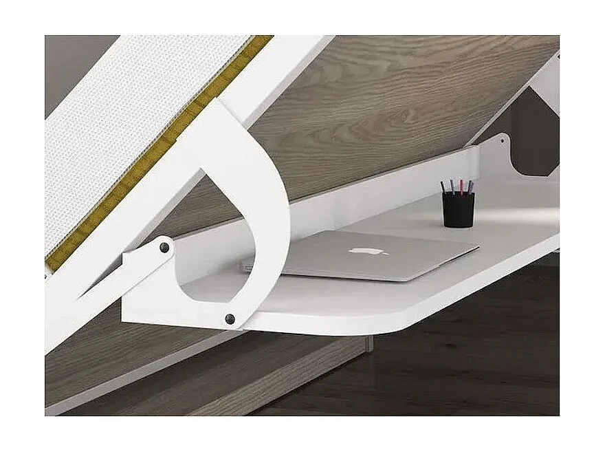 Lit escamotable horizontal 90x190 bureau et armoire 4 portes Spako-Blanc-Avec matelas-Profondeur 53.5cm