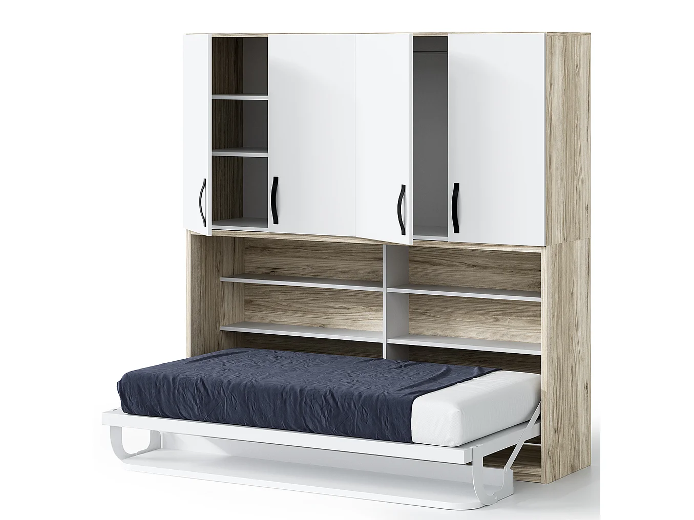 Lit escamotable horizontal 90x190 bureau et armoire 4 portes Spako-Gris béton-Avec matelas-Profondeur 34.5cm