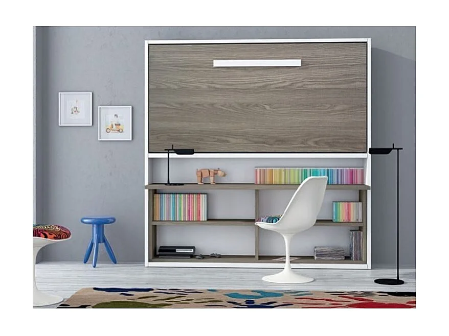 Lit escamotable horizontal 80x190 avec rangement et bureau Laura-Cadre Blanc-Façade Blanche