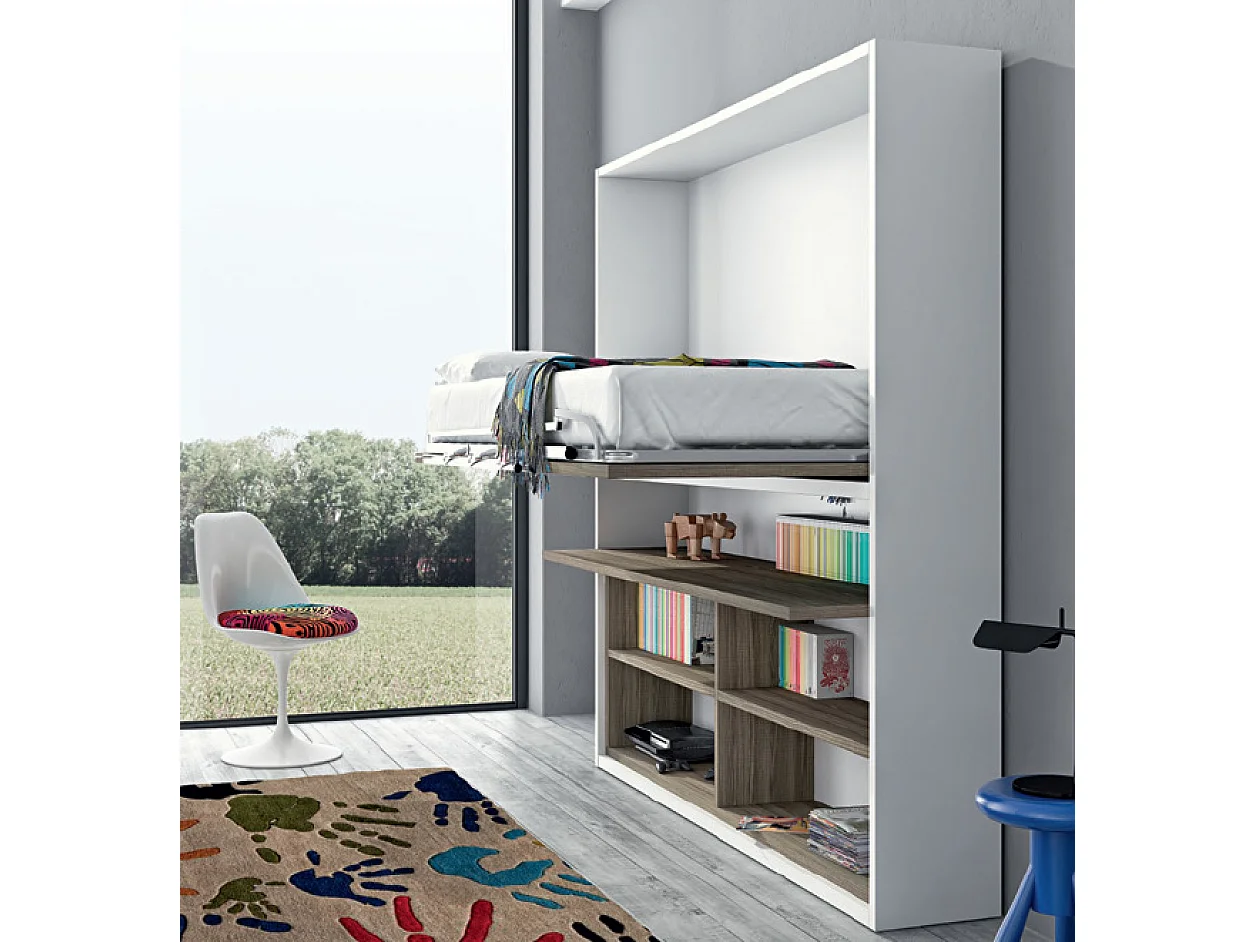 Lit escamotable horizontal 80x190 avec rangement et bureau Laura-Cadre Blanc-Façade Blanche