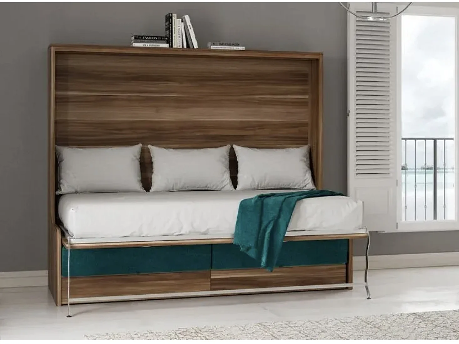 Lit escamotable autoporteur horizontal avec banquette et coffre KALIAN-160x200-Cadre Blanc-Façade Blanche-Canapé Noir