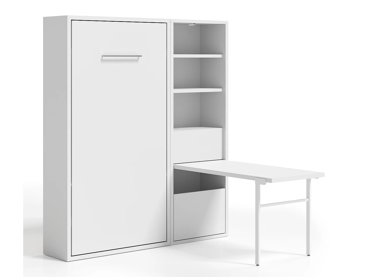 Lit escamotable vertical 120x190 avec armoire et bureau Kampo-Avec matelas-Cadre Blanc-Façade Blanche
