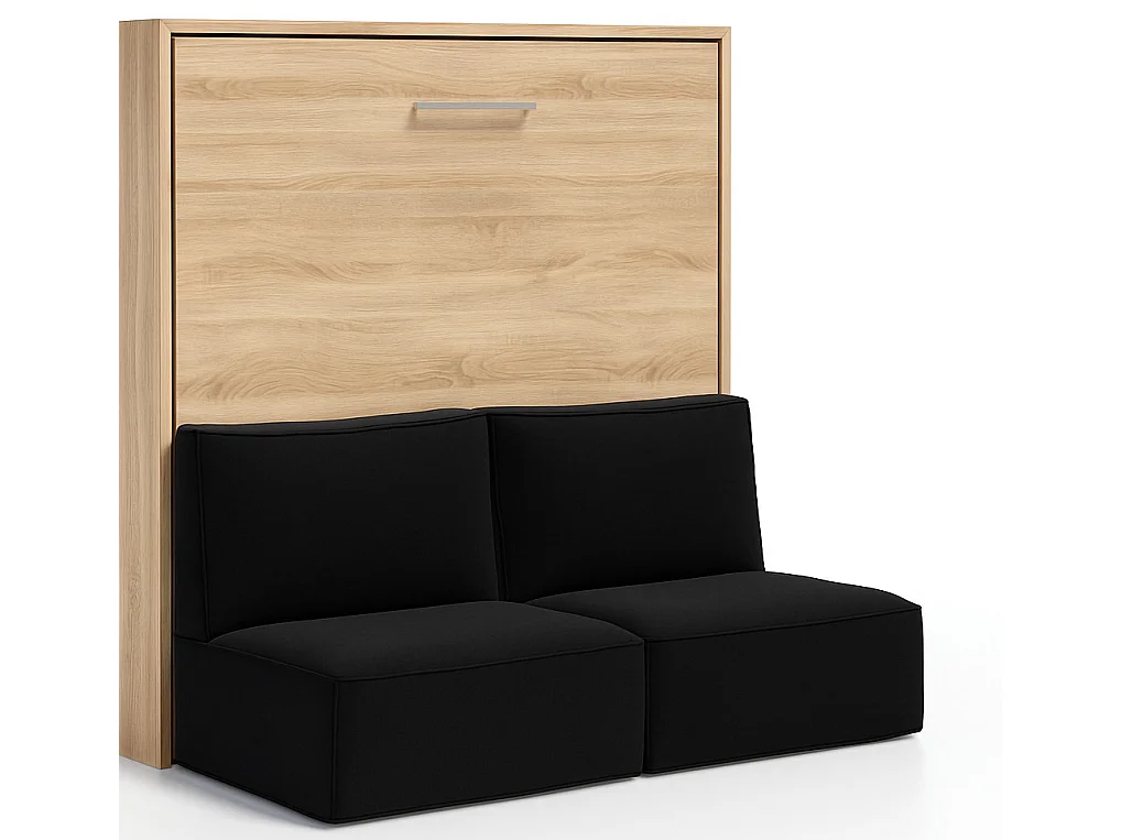 Horizontaal opklapbed met bank LOGIA-120x200cm-Bank Zwart-Structuur en gevel Licht eiken-Versie bed+bank