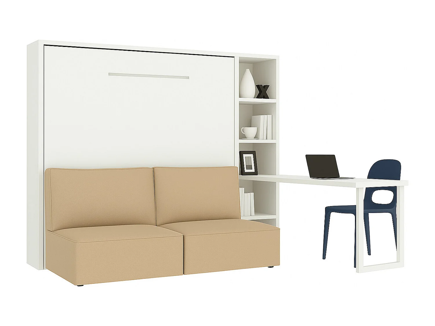 Cama abatible horizontal con banqueta LOGIA-120x200 cm-Sofá Beige-Estructura y fachada Blanche-Versión cama+sofá+estantería+escritorio