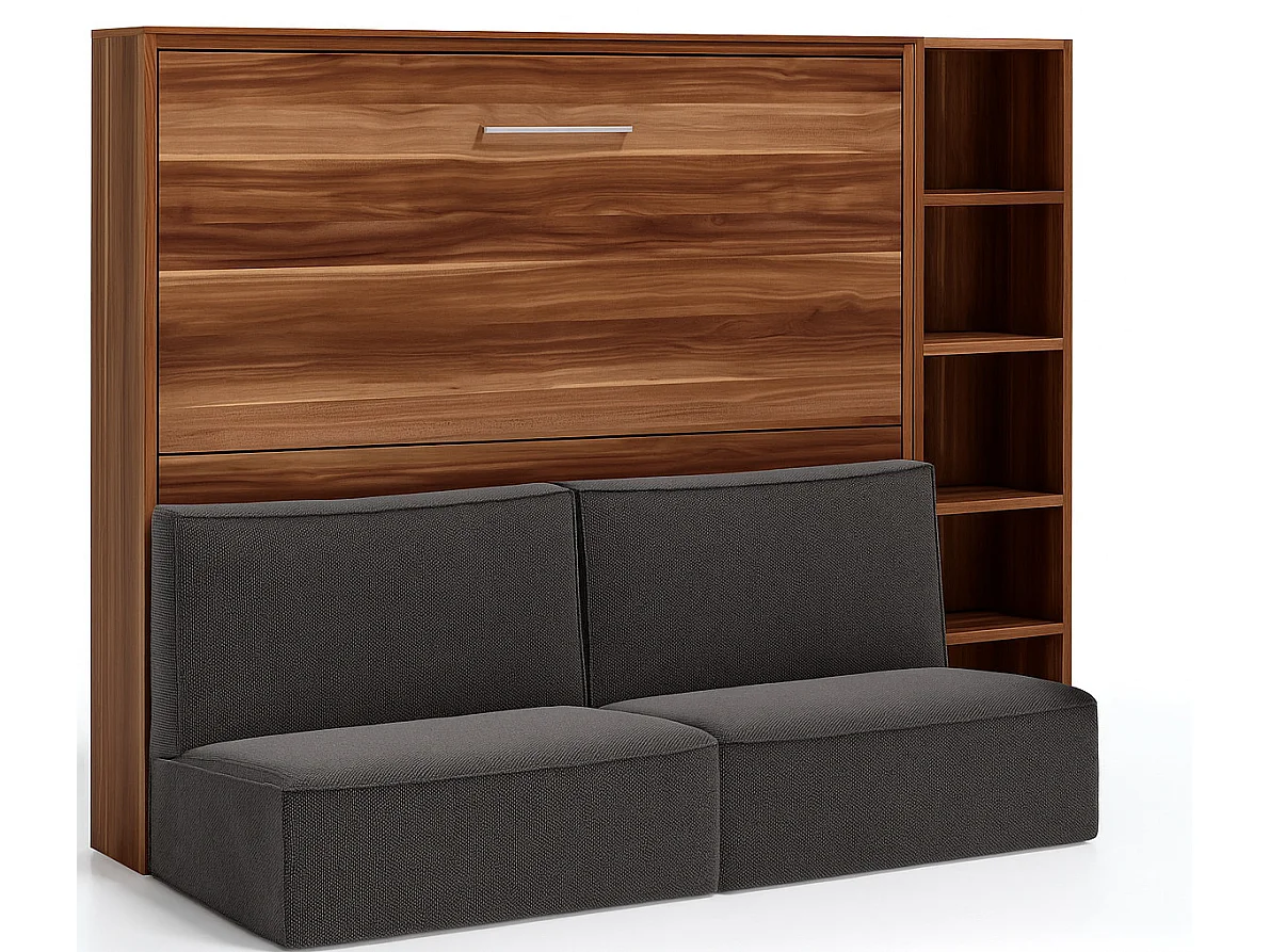 Lit escamotable horizontal LOGIA-160x200-Canapé Gris foncé-Structure Noyer-Version lit+canapé+étagère