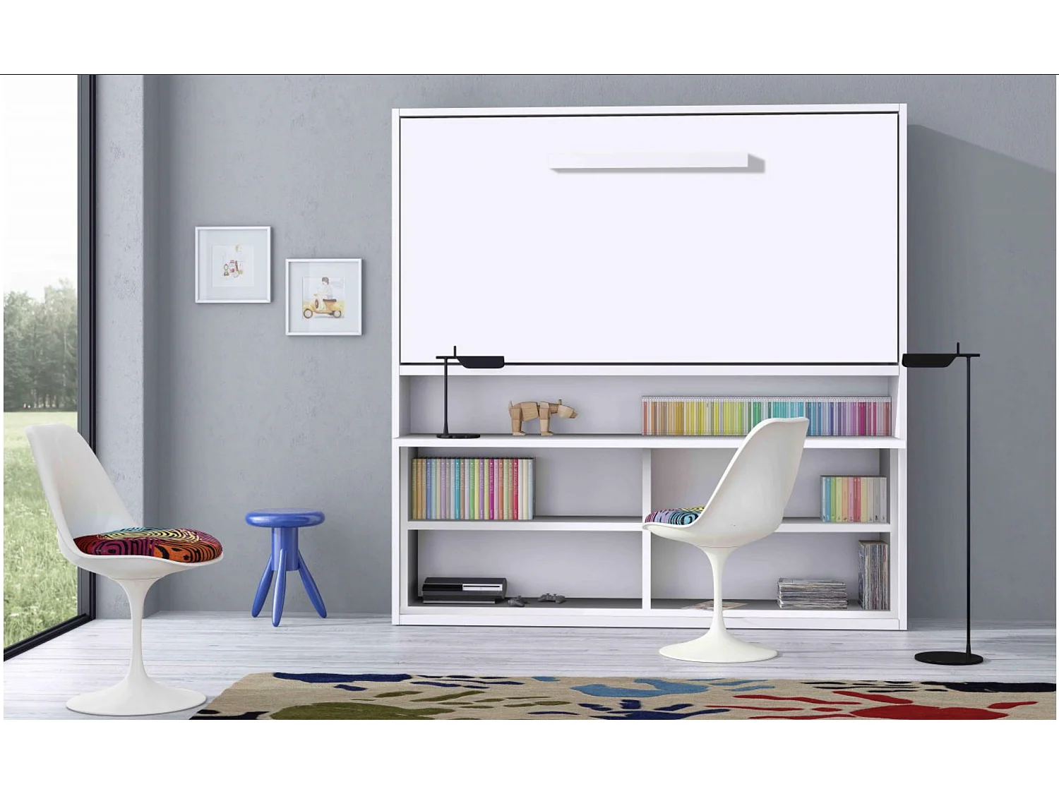 Lit escamotable horizontal 90x180 avec rangement et bureau Laura-Cadre Blanc-Façade Blanche