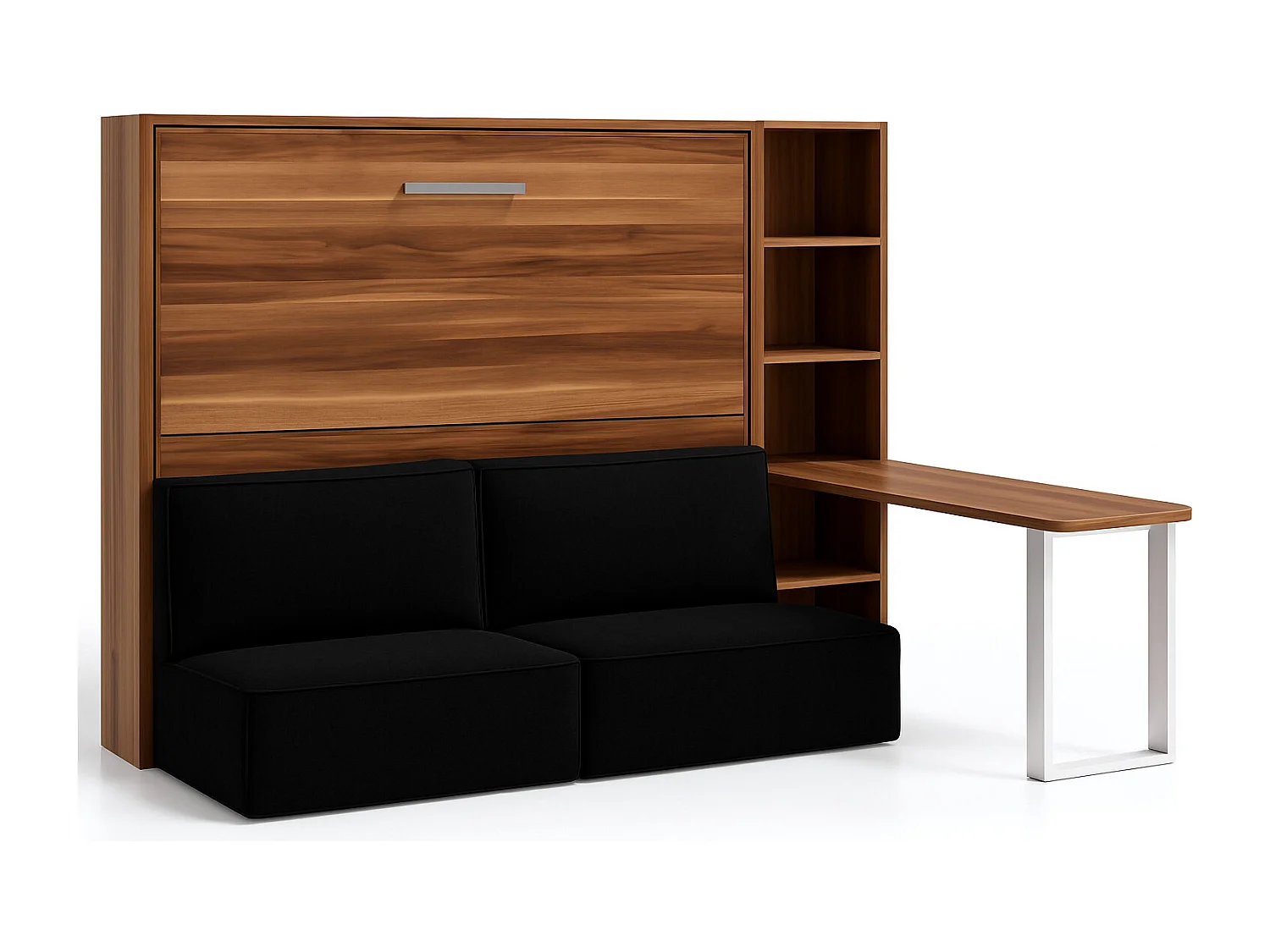 Cama abatible horizontal con banqueta LOGIA-160x200 cm-Sofá Negro-Estructura y fachada Nogal-Versión cama+sofá+estantería+escritorio