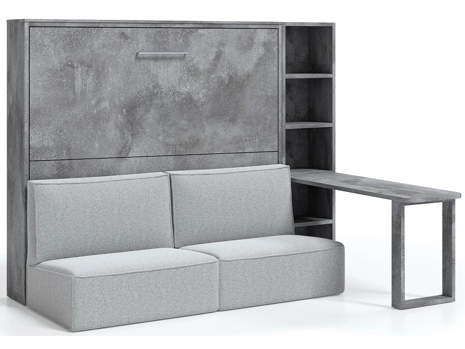 Lit escamotable horizontal 140x190 Prolok-Canapé Gris clair-Avec étagère-Structure Gris ciment
