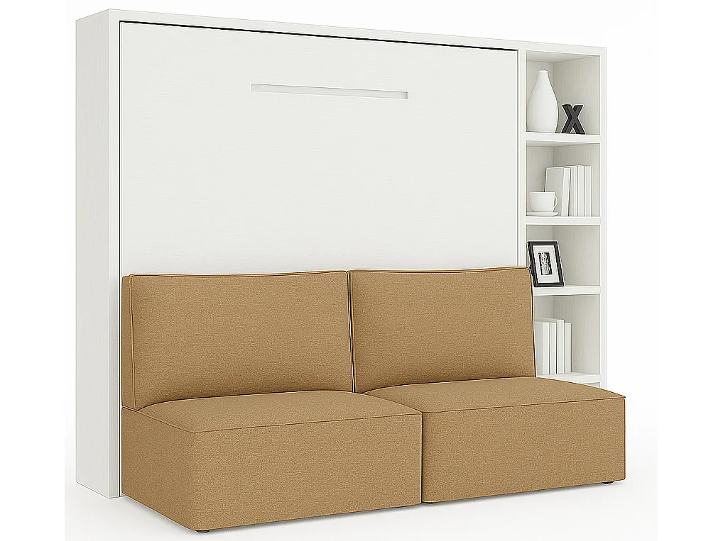 Lit escamotable horizontal LOGIA-120x200-Canapé Marron clair-Structure Blanche-Version lit+canapé+étagère