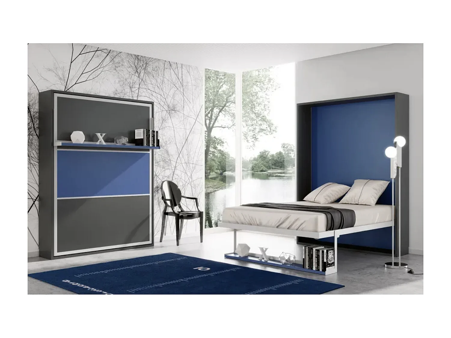 Cama abatible vertical 90x200 cm con estante Habitat-Encofrado Gris cemento-Frente Gris cemento