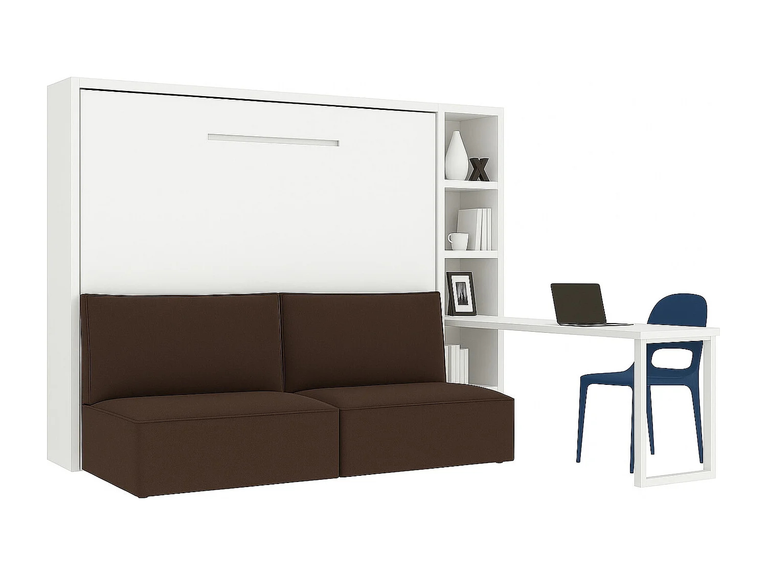 Lit escamotable horizontal LOGIA-140x190-Canapé Marron-Structure Blanche-Version lit+canapé+étagère+bureau