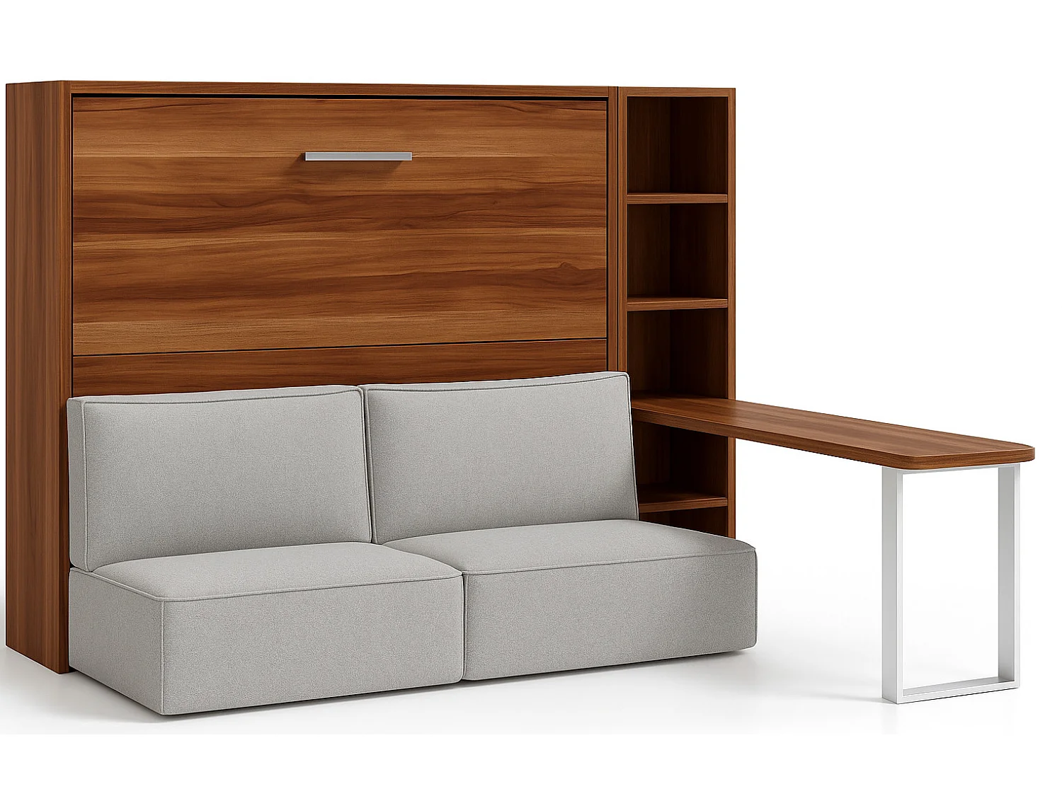 Lit escamotable horizontal LOGIA-140x190-Canapé Gris clair-Structure Noyer-Version lit+canapé+étagère+bureau