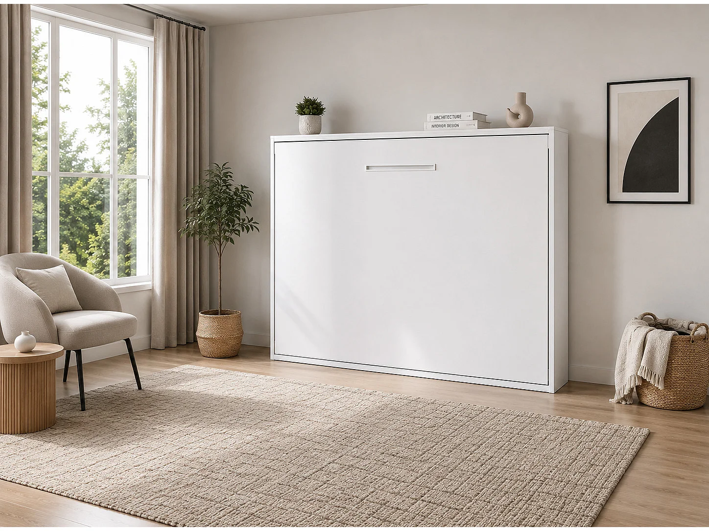 Lit escamotable horizontal MOLANE–Sommier à lattes 59cm-Avec matelas-90x200-Cadre Blanc-Façade Anthracite