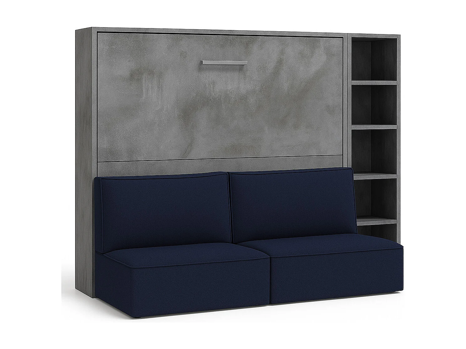 Cama abatible horizontal con banqueta LOGIA-120x200 cm-Sofá Azul marino-Estructura y fachada Gris cemento-Versión cama+sofá+estantería
