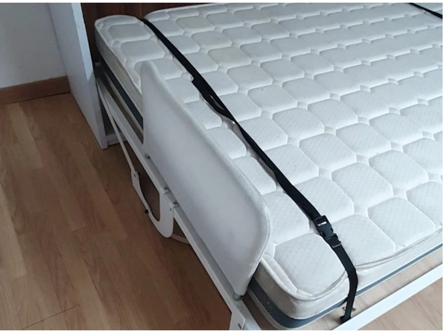 Lit escamotable autoporteur horizontal avec banquette et coffre KALIAN-Avec matelas-140x190-Cadre Blanc-Façade Blanche-Canapé Noir