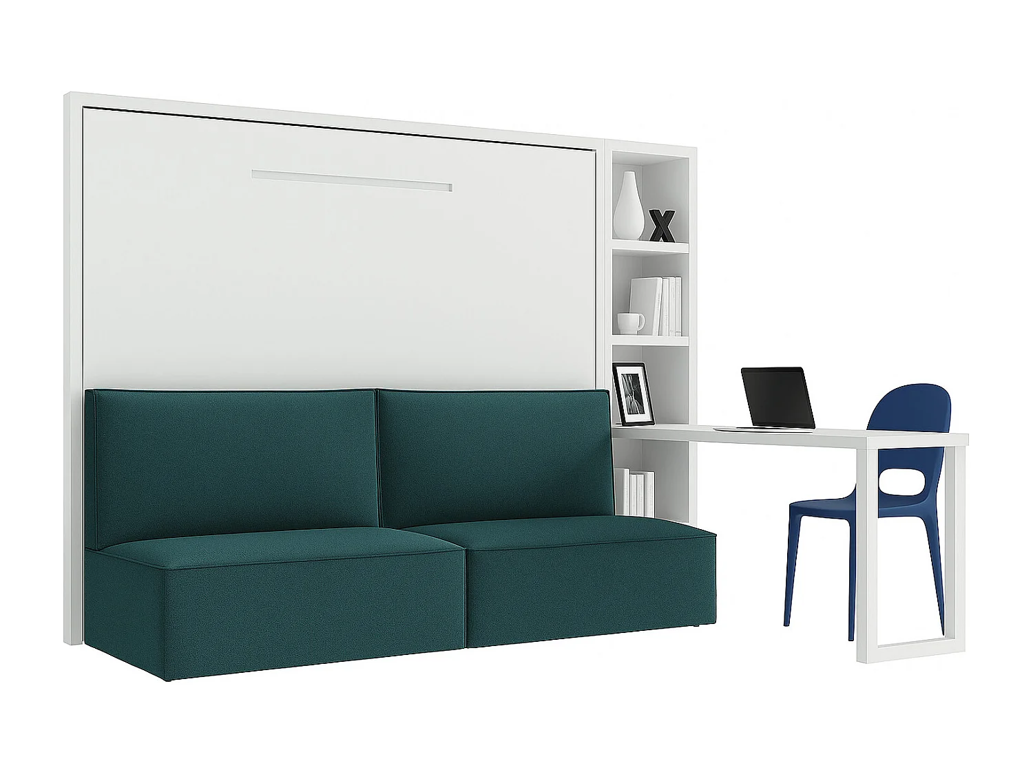 Lit escamotable horizontal LOGIA-140x190-Canapé Bleu canard-Structure Blanche-Version lit+canapé+étagère+bureau