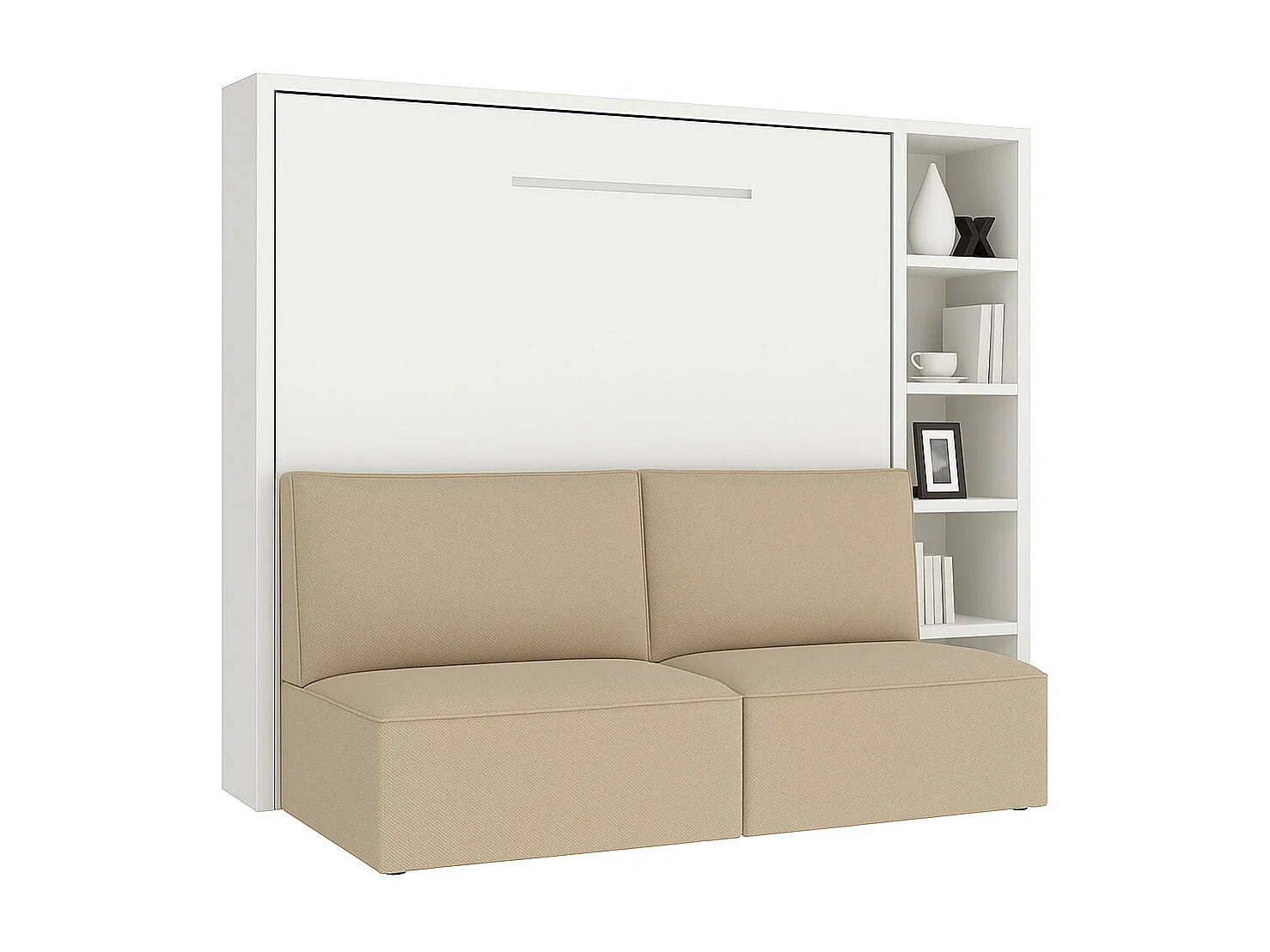 Cama abatible horizontal con banqueta LOGIA-160x200 cm-Sofá Beige-Estructura y fachada Blanche-Versión cama+sofá+estantería