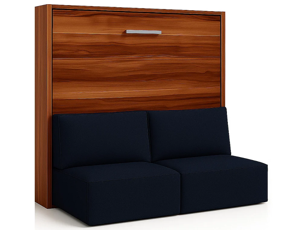 Lit escamotable horizontal LOGIA-140x200-Canapé Bleu marine-Structure Noyer-Version lit+canapé