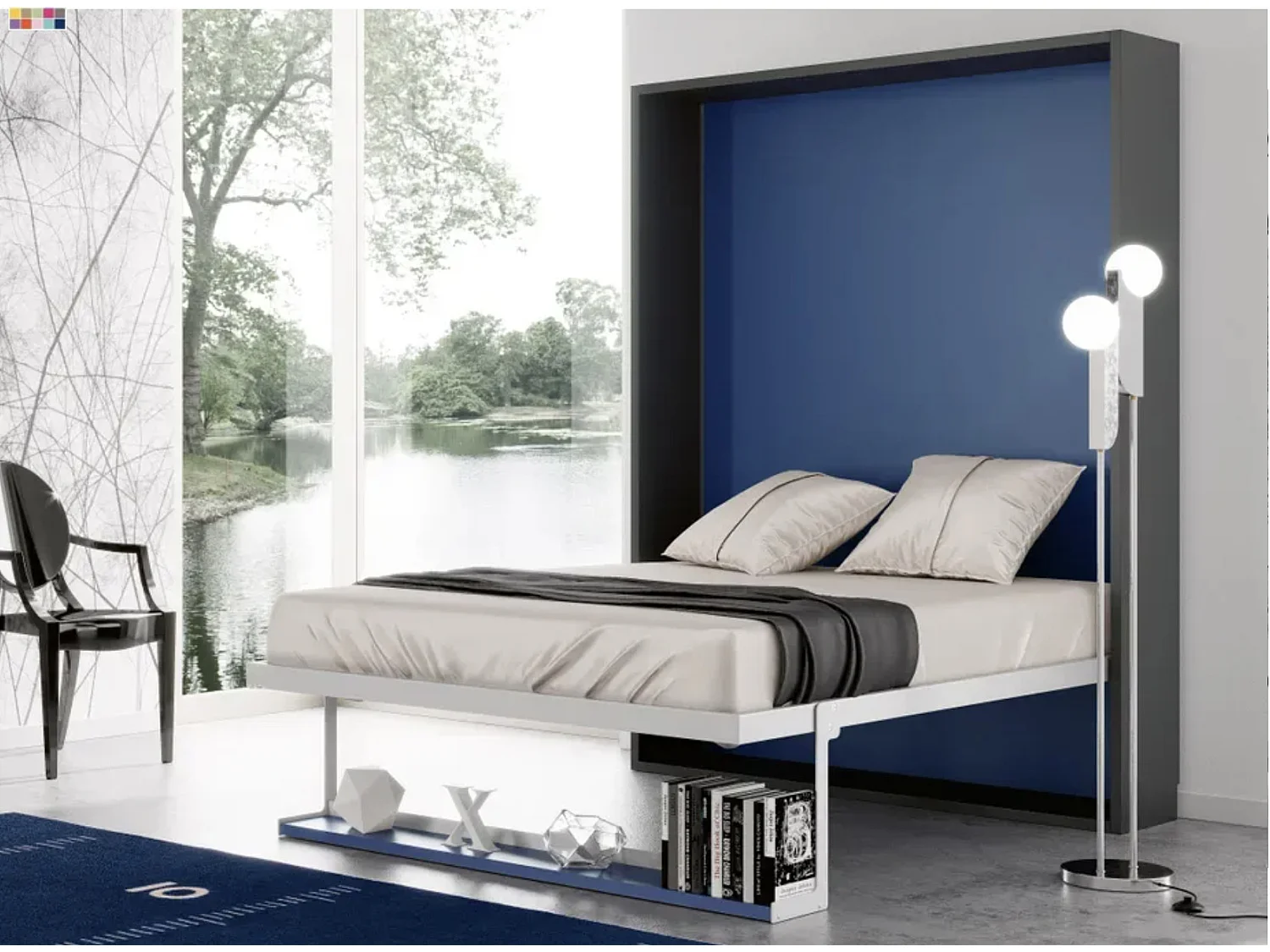 Cama abatible vertical 90x200 cm con estante Habitat-Encofrado Blanco-Frente Blanche