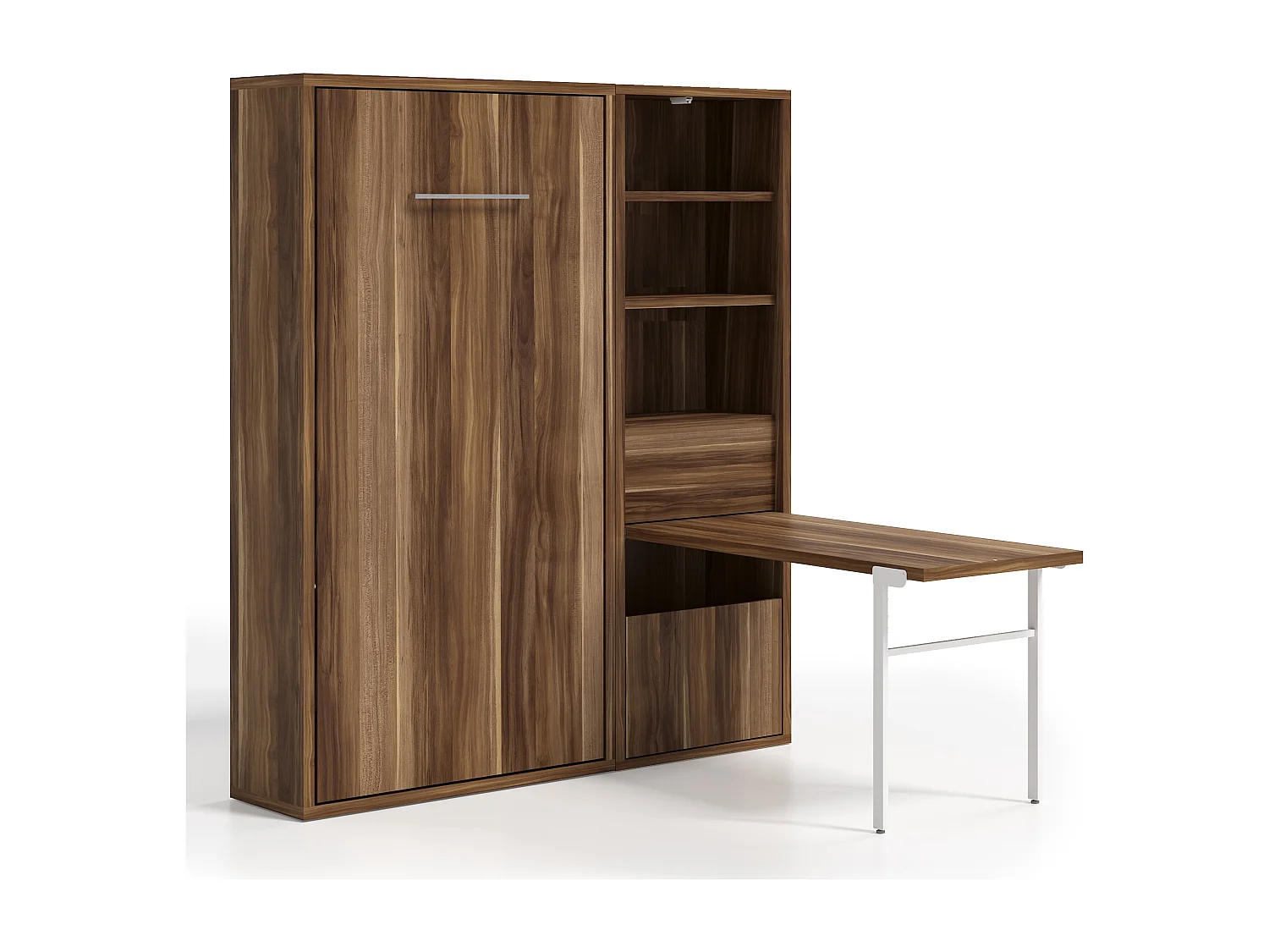 Lit escamotable vertical 120x190 avec armoire et bureau Kampo-Avec matelas-Cadre Noyer-Façade Noyer