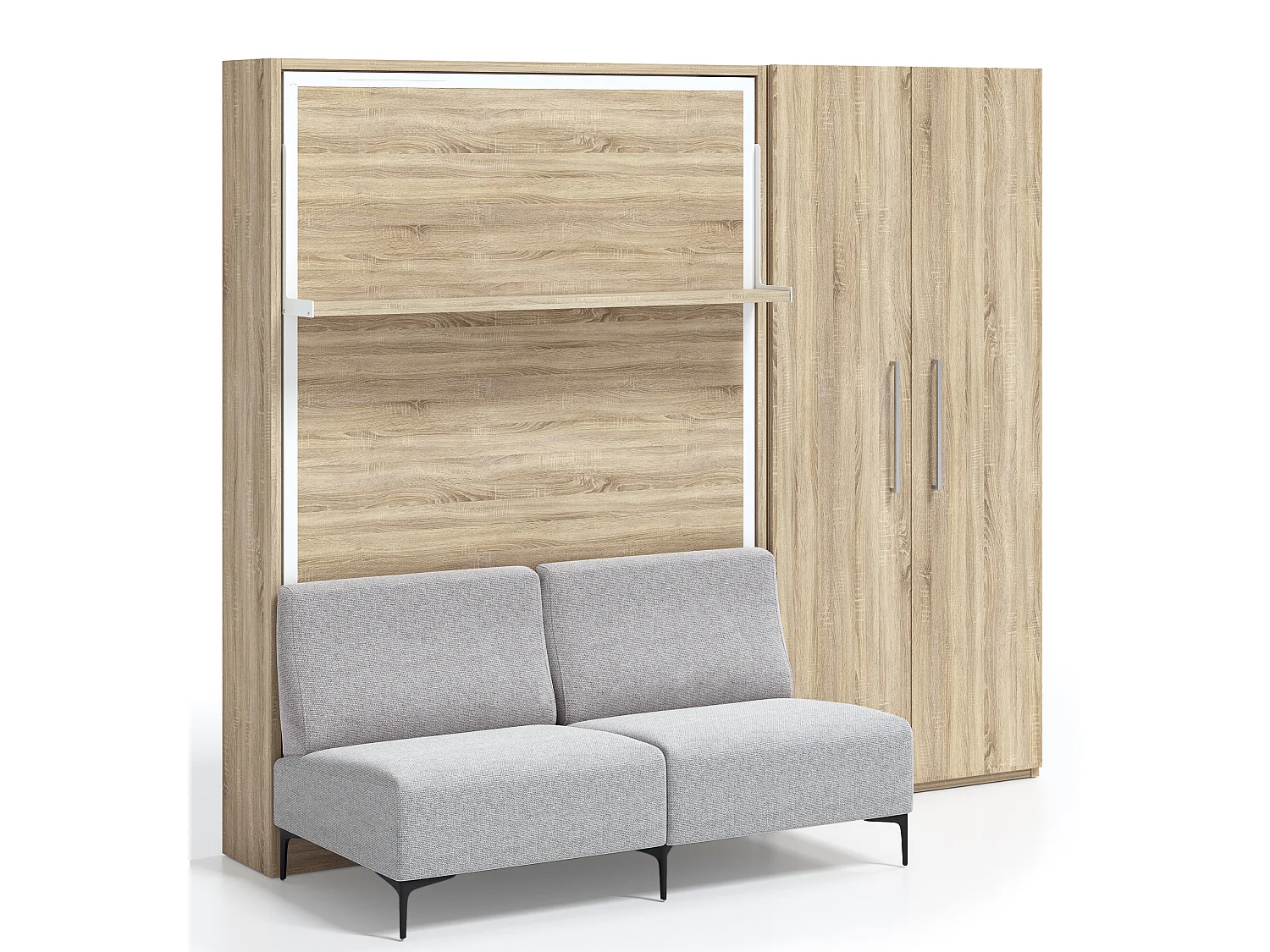Cama abatible vertical con sofá y armario Marko 160x200-Sofá Gris claro-Estructura y fachada Roble claro