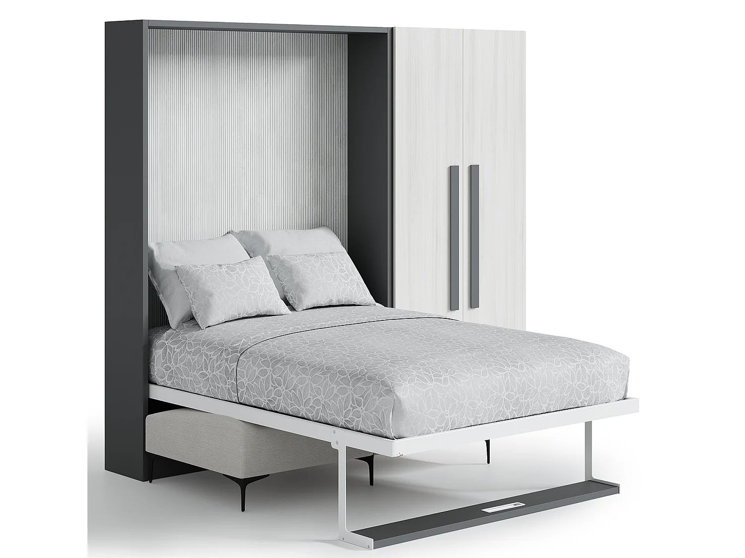 Cama abatible vertical con sofá y armario Marko 160x200-Sofá Gris claro-Estructura y fachada Roble claro