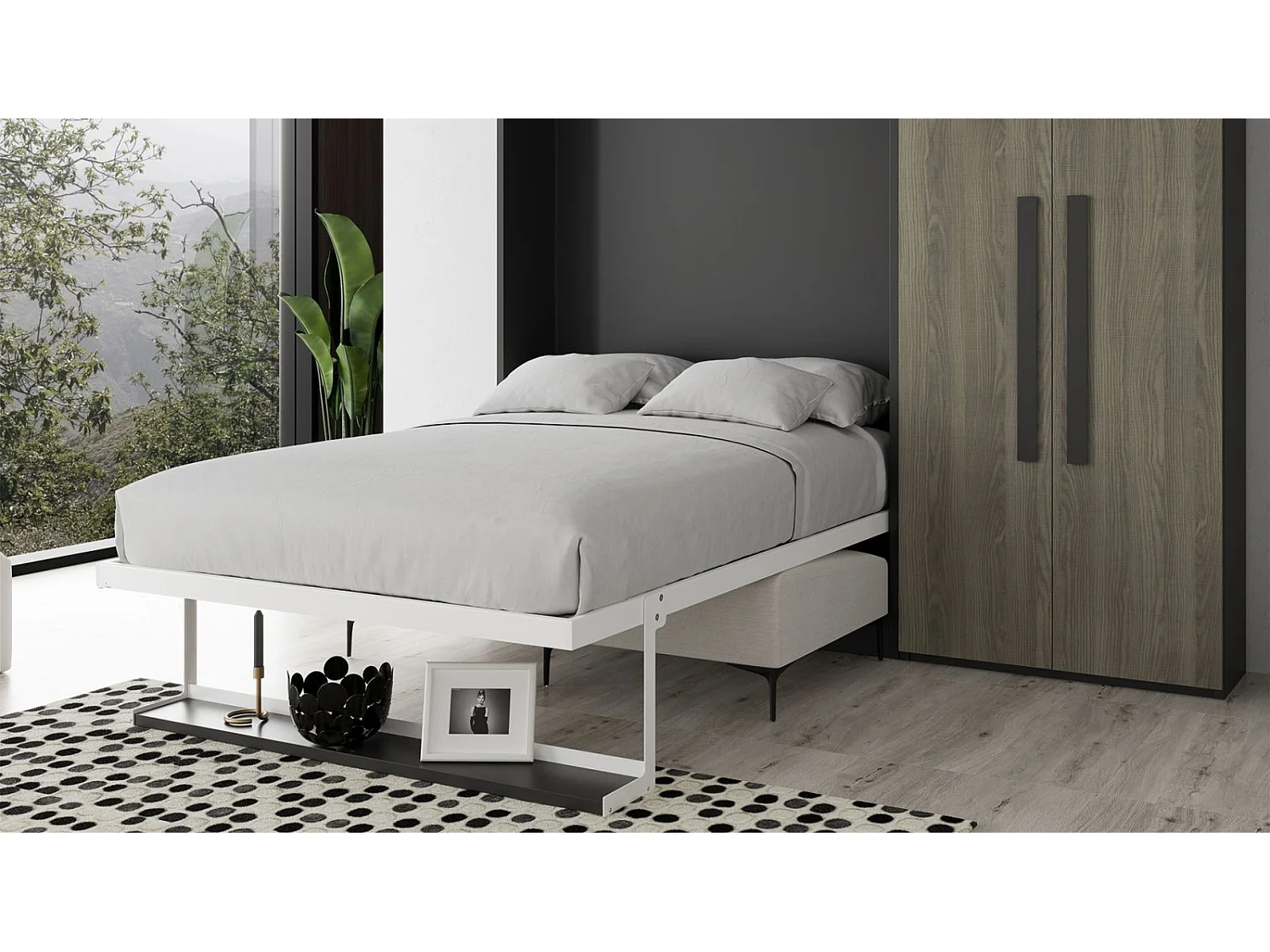 Cama abatible vertical con sofá y armario Marko 160x200-Sofá Gris claro-Estructura y fachada Roble claro