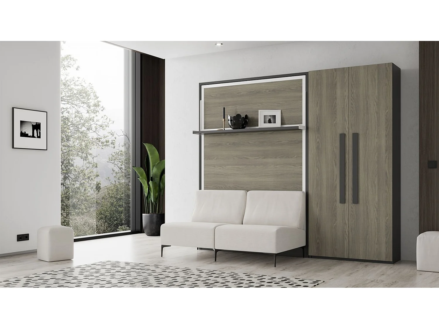 Cama abatible vertical con sofá y armario Marko 160x200-Sofá Gris claro-Estructura y fachada Roble claro