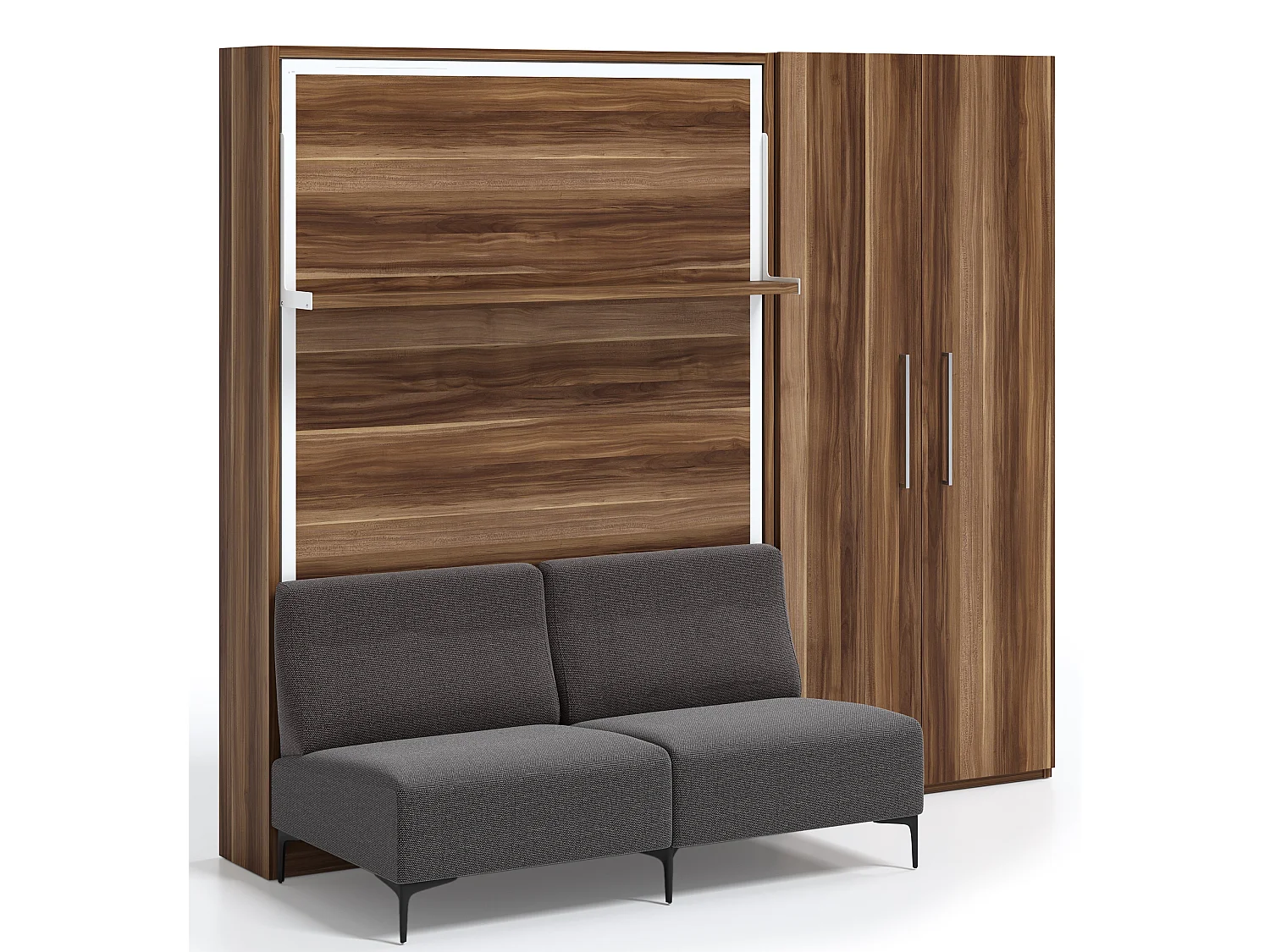 Cama abatible vertical con sofá y armario Marko 160x200-Sofá Gris claro-Estructura y fachada Roble claro