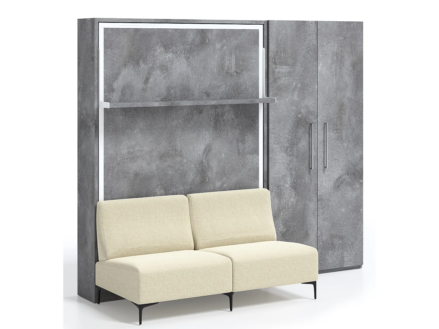 Cama abatible vertical con sofá y armario Marko 160x200-Sofá Gris claro-Estructura y fachada Roble claro