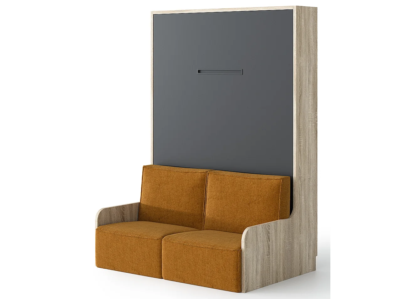 Lit escamotable vertical Kora 140x190-Avec matelas-Cadre Gris ciment-Façade Gris ciment-Canapé Gris clair