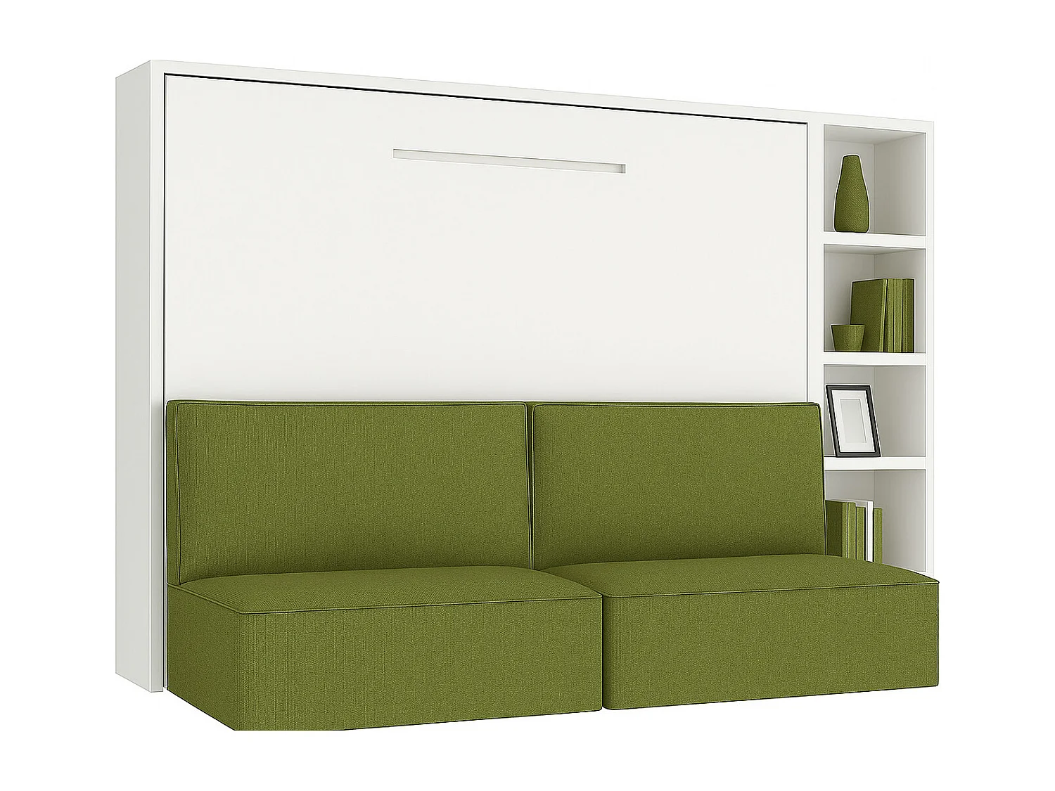 Lit escamotable horizontal LOGIA-140x200-Canapé Vert pistache-Structure Blanche-Version lit+canapé+étagère
