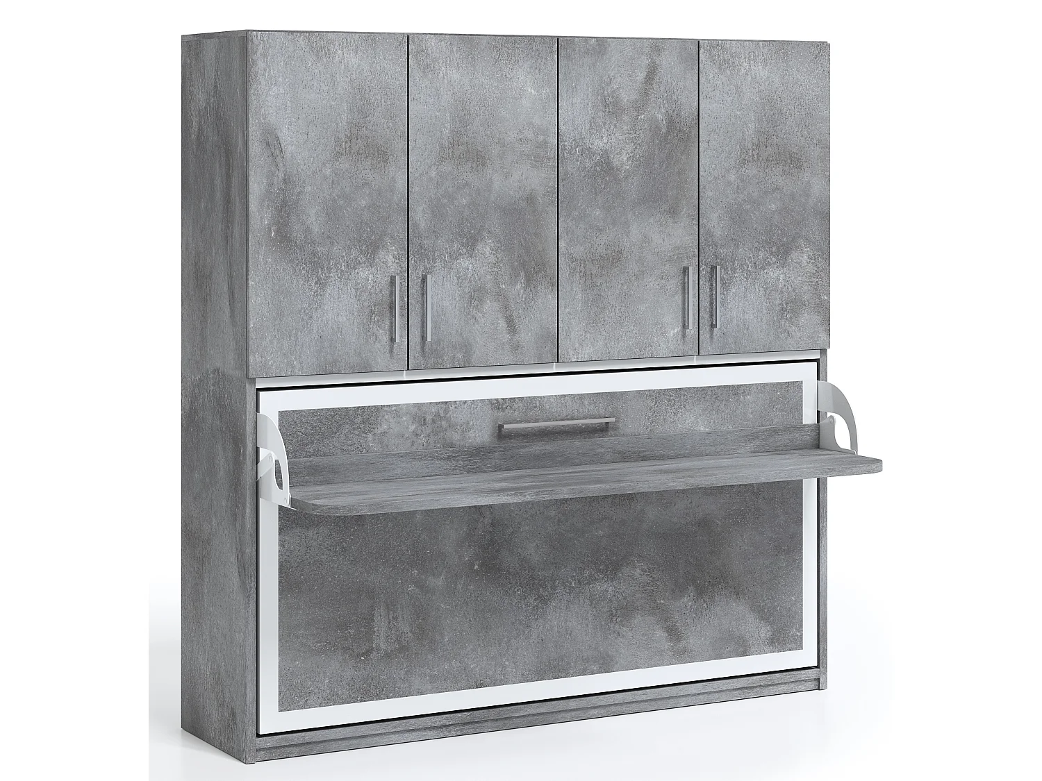 Lit escamotable horizontal 140x190 bureau et armoire 4 portes Spako-Gris béton-Avec matelas-Profondeur 53.5cm