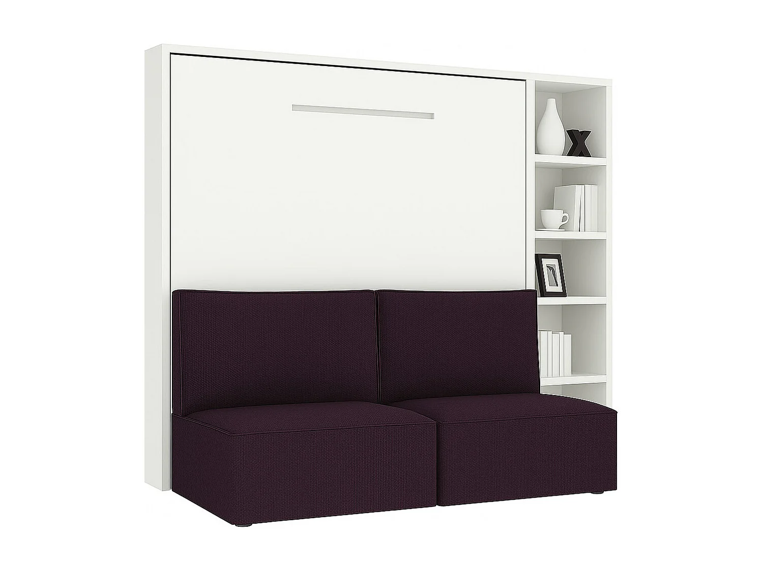 Lit escamotable horizontal LOGIA-160x200-Canapé Violet-Structure Blanche-Version lit+canapé+étagère