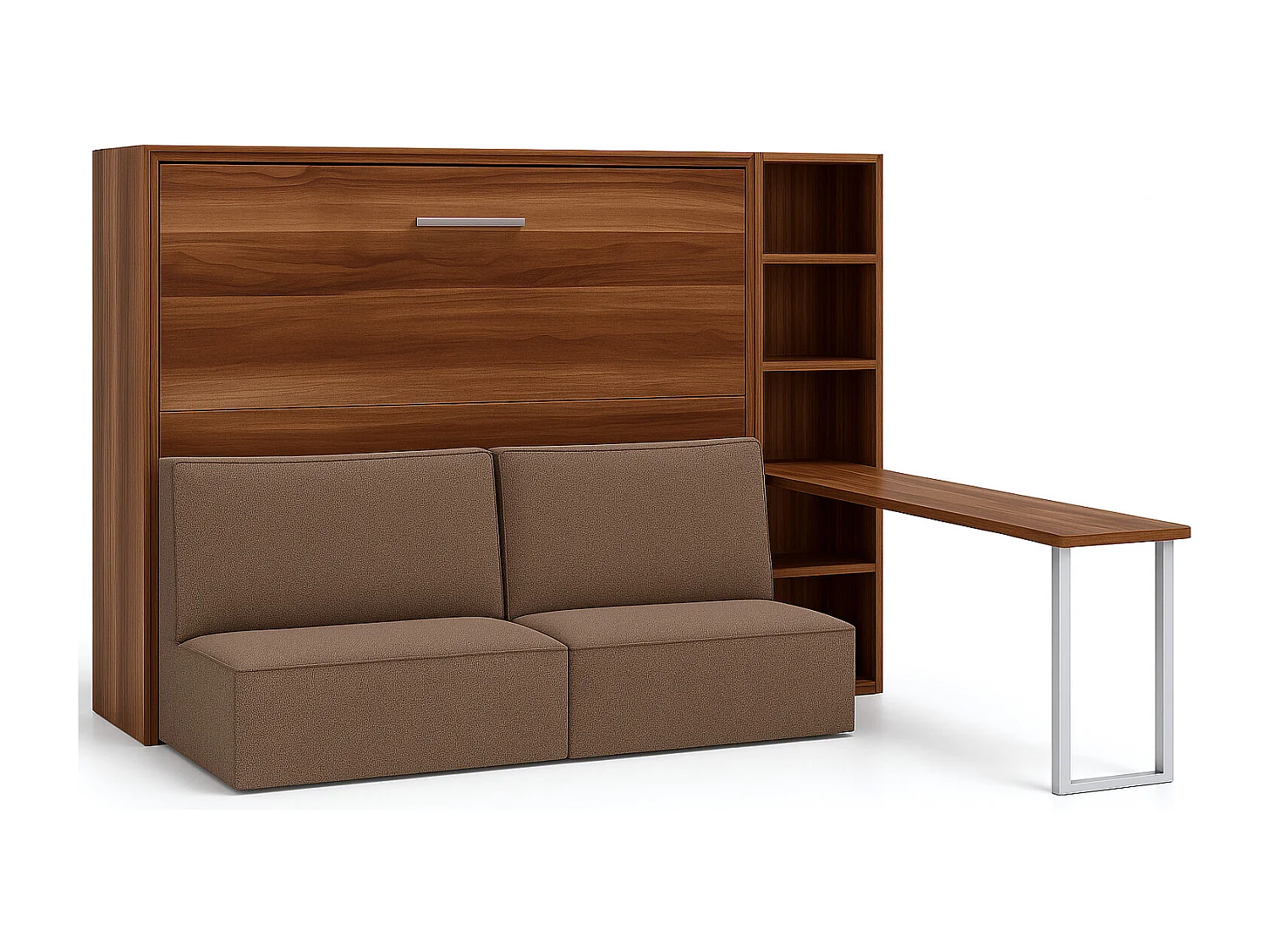 Cama abatible horizontal con banqueta LOGIA-120x200 cm-Sofá Camello-Estructura y fachada Nogal-Versión cama+sofá+estantería+escritorio