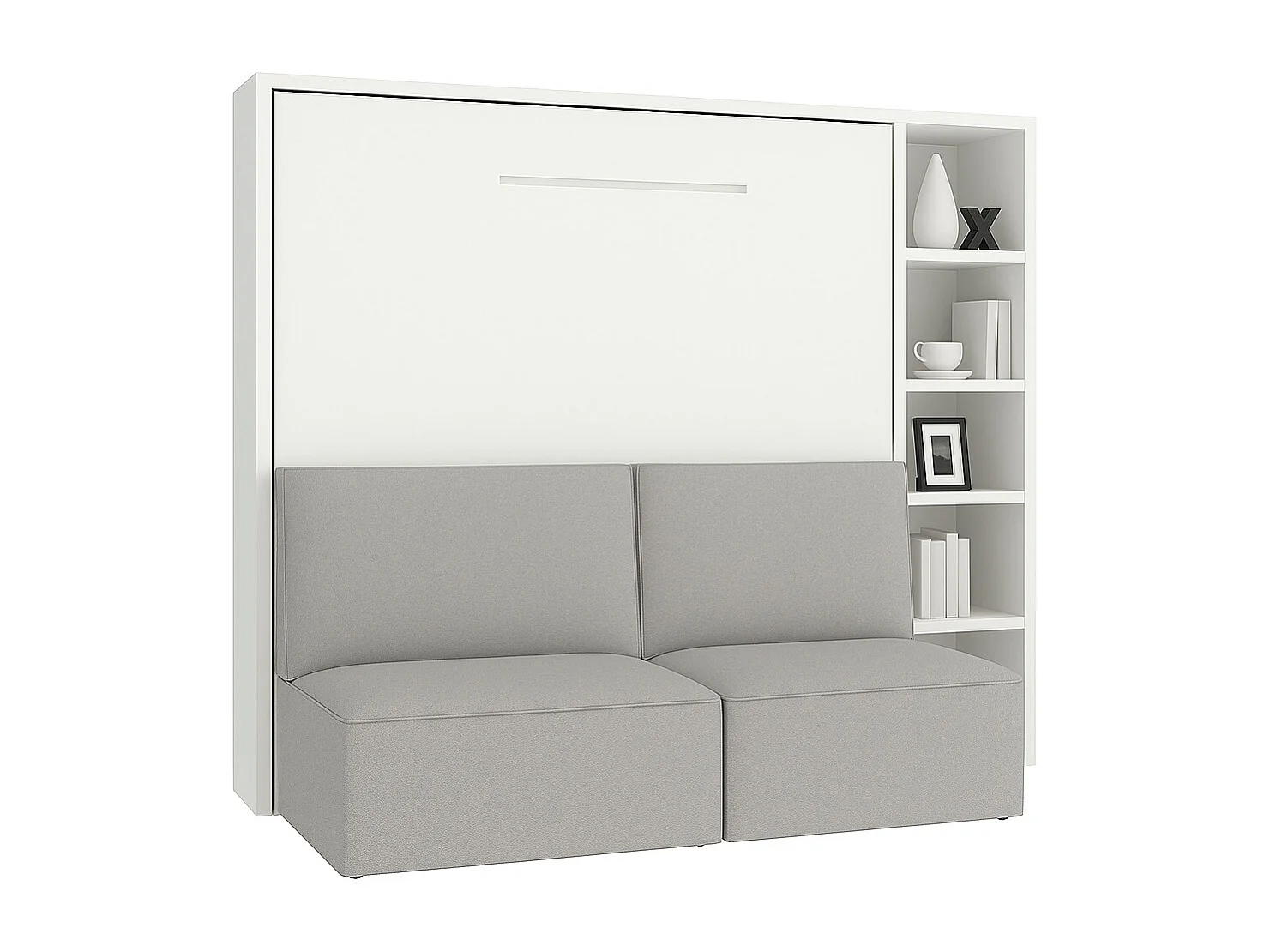 Lit escamotable horizontal LOGIA-160x200-Canapé Gris clair-Structure Blanche-Version lit+canapé+étagère