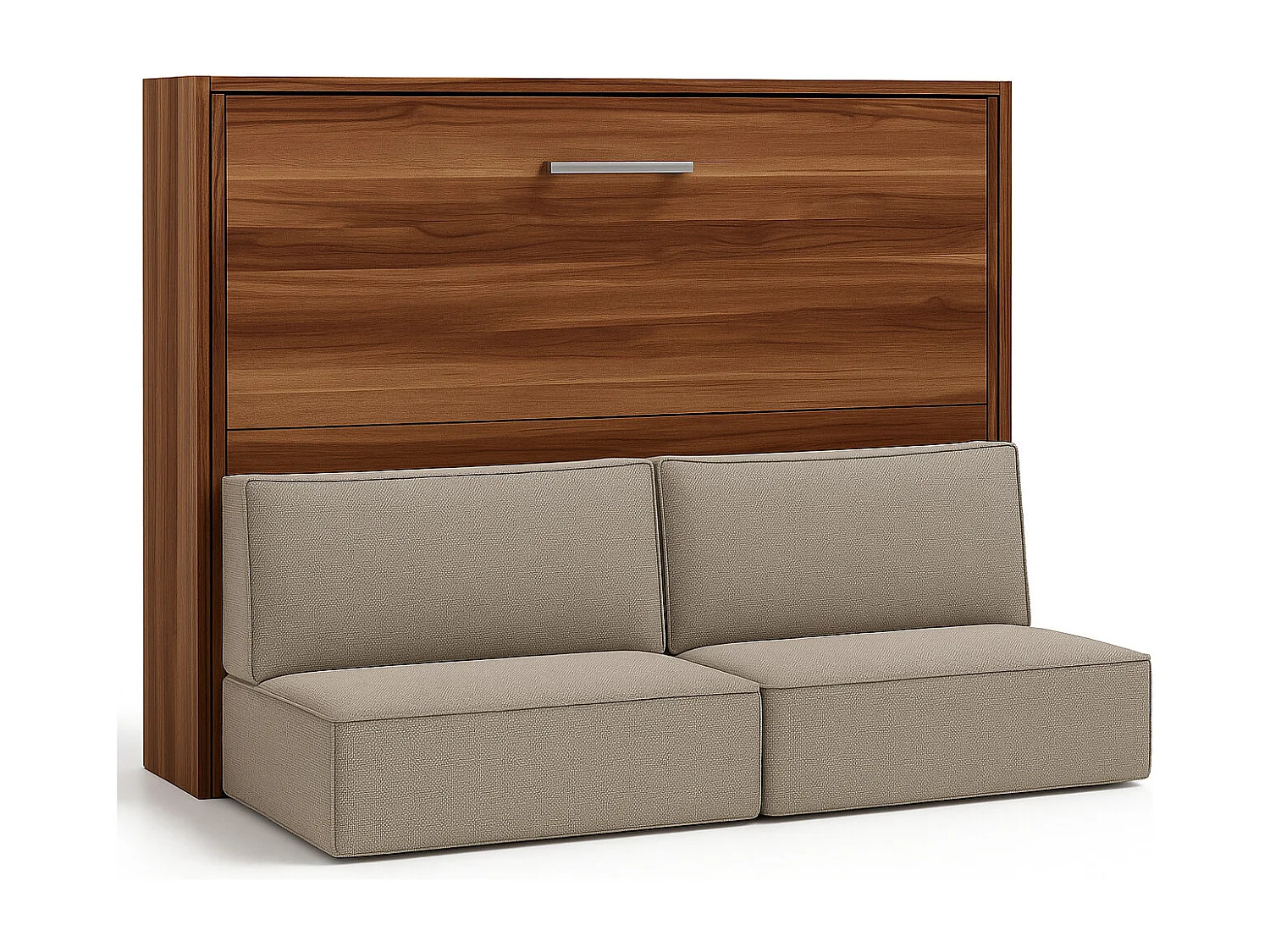 Lit escamotable horizontal avec banquette & coffres LOGIA-160x200-Canapé Beige-Structure Noyer