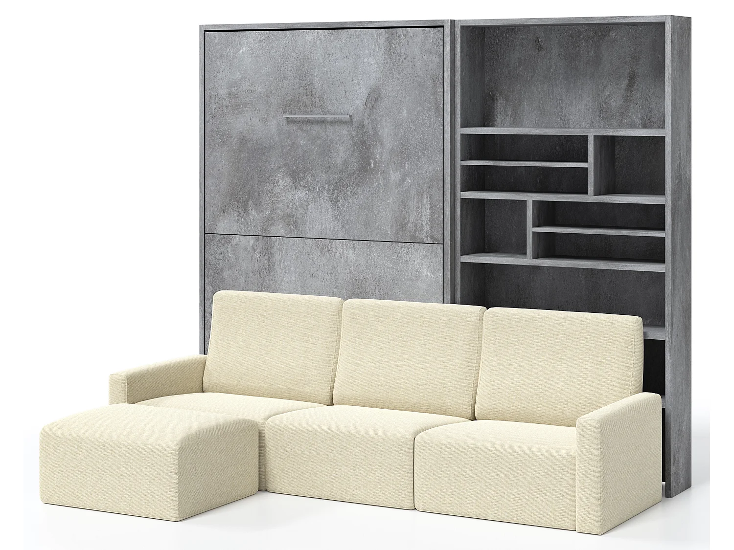 Cama abatible vertical con librería y sofá rinconero Markal 140x190-Sofá Natural-Estructura y fachada Gris cemento
