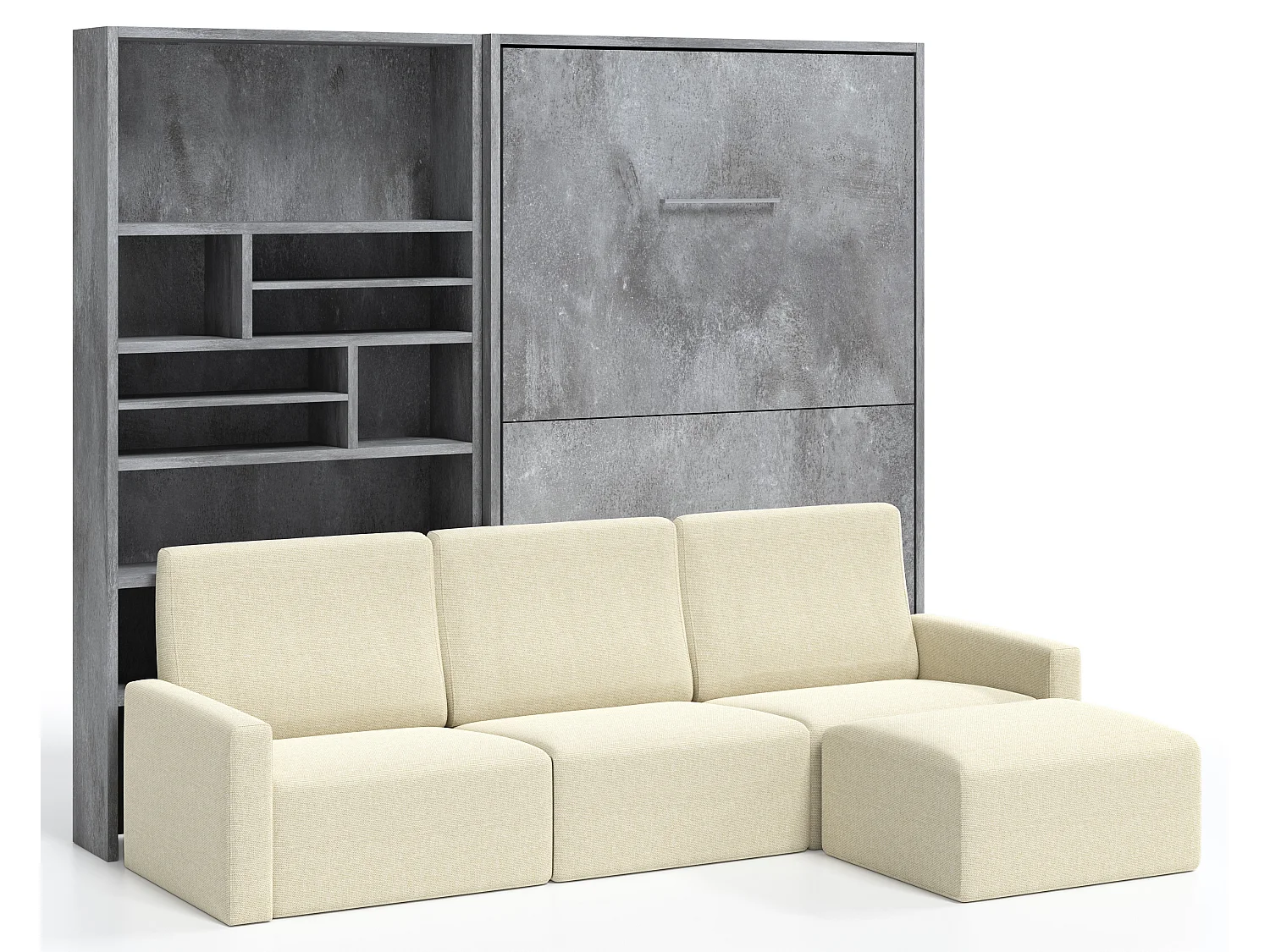 Cama abatible vertical con librería y sofá rinconero Markal 140x190-Sofá Natural-Estructura y fachada Gris cemento