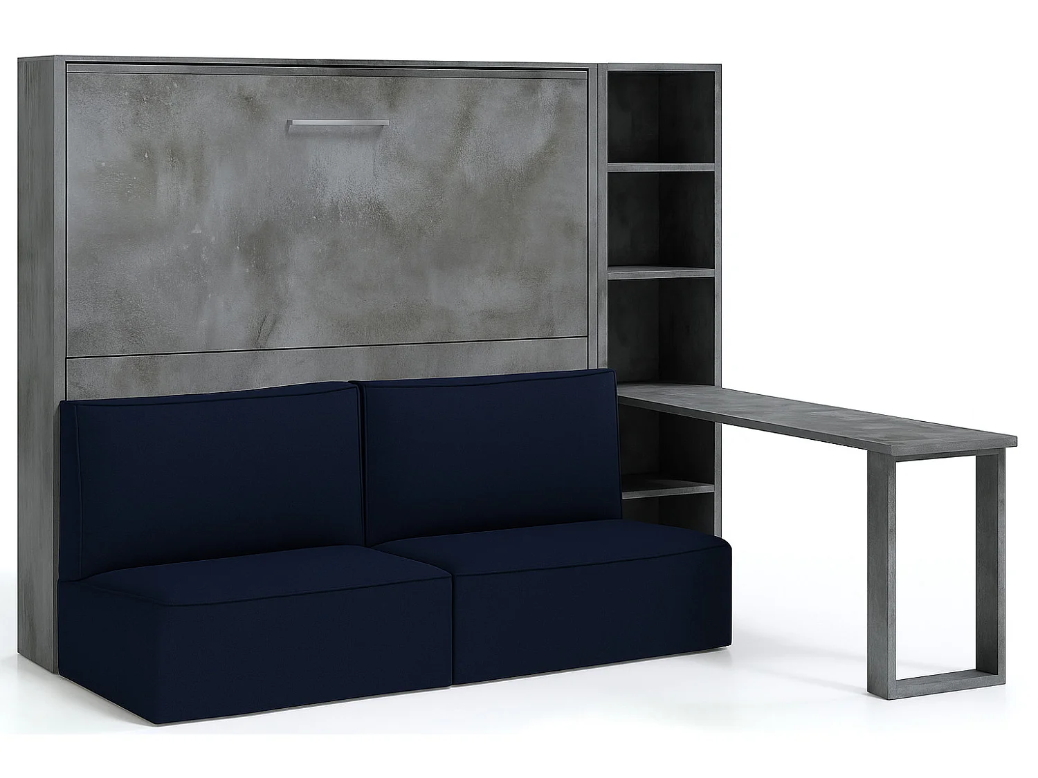 Lit escamotable horizontal LOGIA-140x190-Canapé Bleu marine-Structure Gris ciment-Version lit+canapé+étagère+bureau