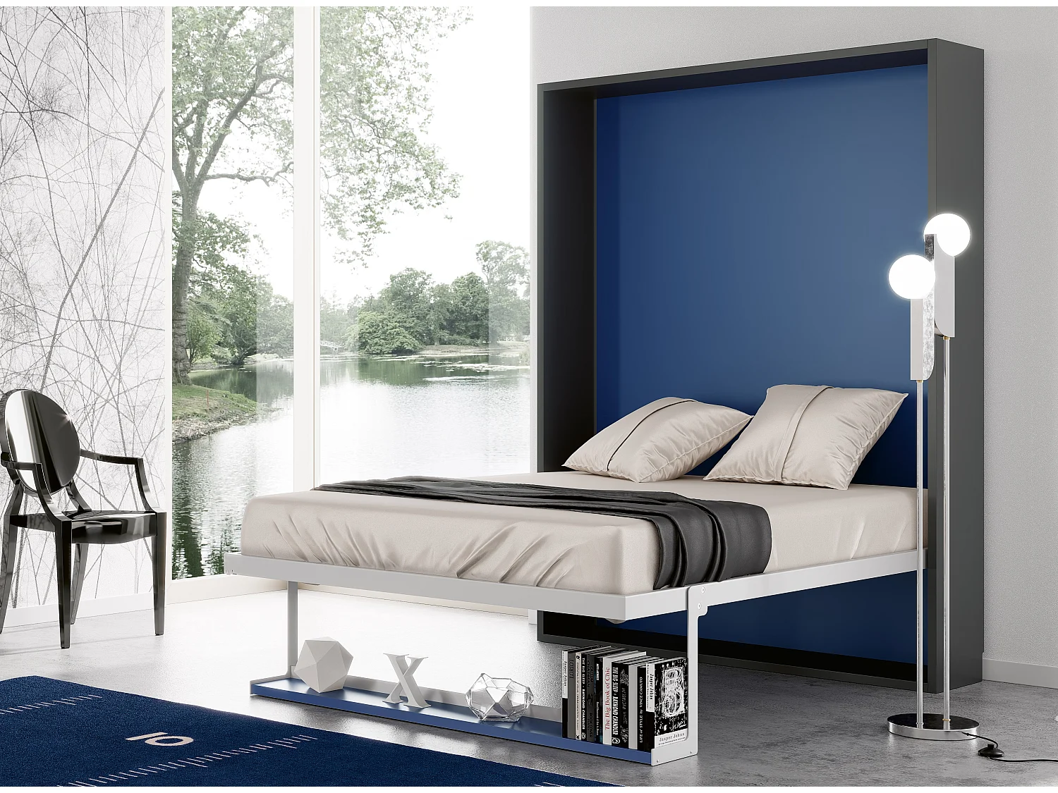 Lit escamotable vertical 140x190 avec étagère Habitat-Avec matelas-Cadre Gris ciment-Façade Gris ciment