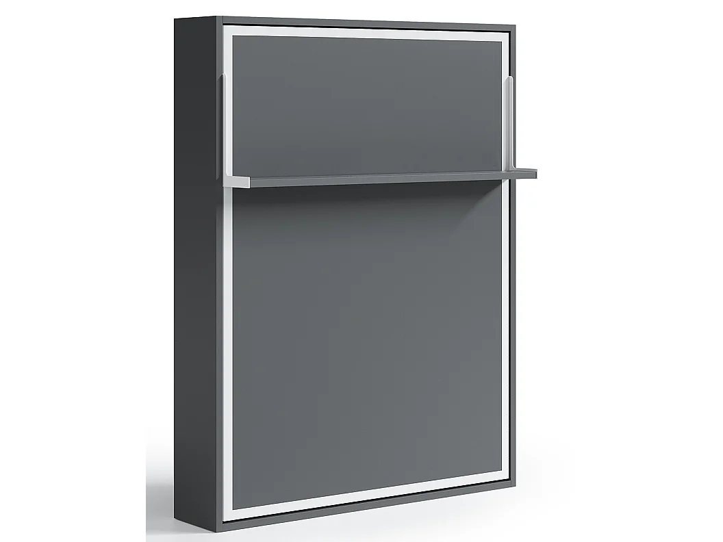 Lit escamotable vertical 140x190 avec étagère Habitat-Avec matelas-Cadre Gris ciment-Façade Gris ciment
