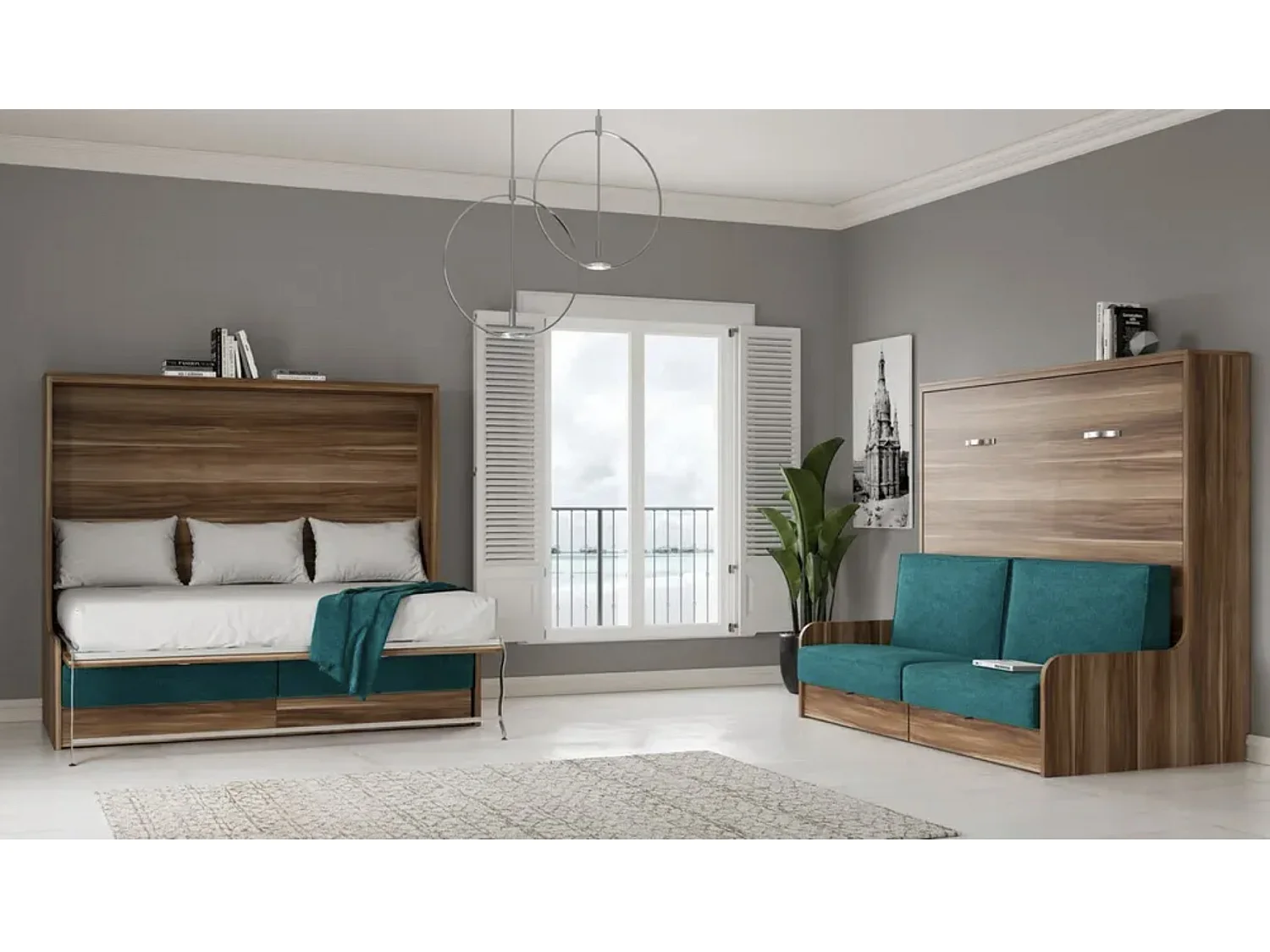 Cama abatible horizontal 140x180 con sofá Kalian-160x200 cm-Encofrado Nogal-Frente Nogal-Sofá Gris claro